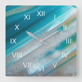 ティール（緑がかった色）ブルー縞模様アゲート付ローマ数字 スクエア壁時計