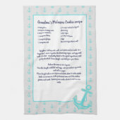 ティール(緑がかった色)ブルー航海のいかりレシピ キッチンタオル (縦)