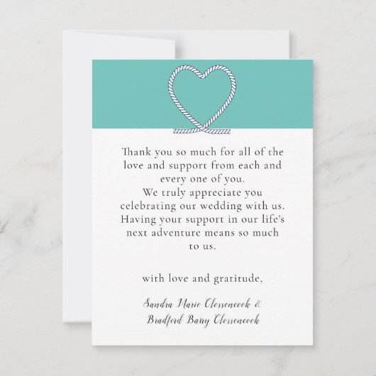 ティール（緑がかった色）ブルー航海のハート結婚いかりの写真 サンキューカード (裏面)