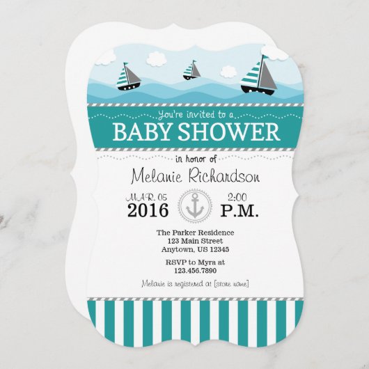 ティール（緑がかった色）ブルー航海のベビーシャワー招待状 招待状 (正面/裏面)