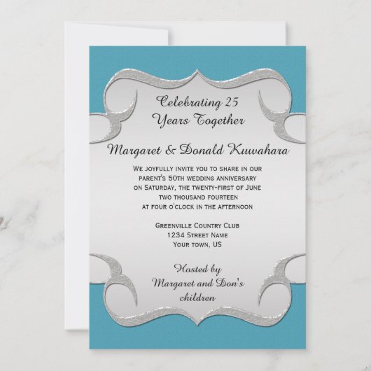 ティール(緑がかった色)ブルー華美シルバーフレーム25周年記念 招待状 (正面)