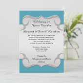 ティール(緑がかった色)ブルー華美シルバーフレーム25周年記念 招待状 (スタンド正面)