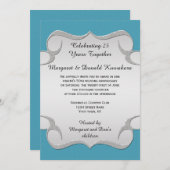 ティール(緑がかった色)ブルー華美シルバーフレーム25周年記念 招待状 (正面/裏面)