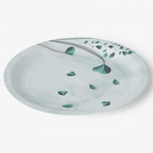 ティール（緑がかった色）ブルー落下葉植物学 ペーパープレート (アングル)