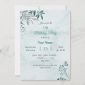 ティール（緑がかった色）ブルー葉スボタニカル誕生日パーティーinvitati 招待状 (正面)