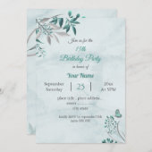 ティール（緑がかった色）ブルー葉スボタニカル誕生日パーティーinvitati 招待状 (正面/裏面)