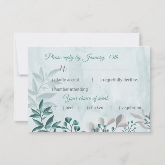 ティール（緑がかった色）ブルー葉フローラ応答rsvpカード 出欠カード (正面)
