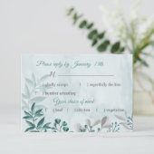 ティール（緑がかった色）ブルー葉フローラ応答rsvpカード 出欠カード (スタンド正面)