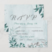 ティール（緑がかった色）ブルー葉フローラ応答rsvpカード 出欠カード (正面/裏面)