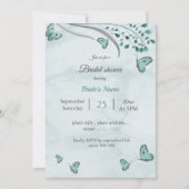 ティール(緑がかった色)ブルー蝶と葉ブライダルシャワー 招待状 (正面)