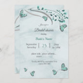 ティール（緑がかった色）ブルー蝶と葉ブライダルシャワー 招待状 (正面/裏面)