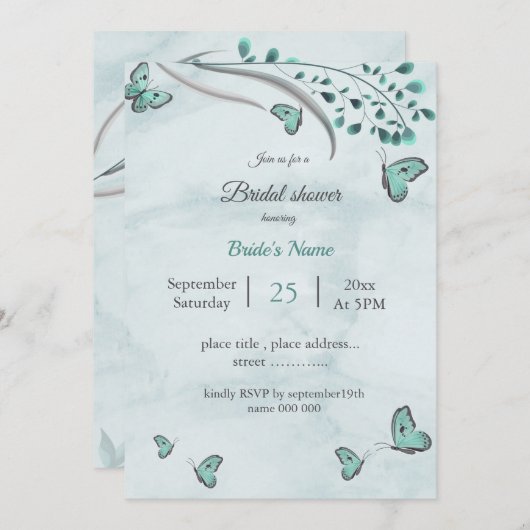 ティール(緑がかった色)ブルー蝶と葉ブライダルシャワー 招待状 (正面/裏面)