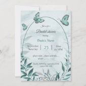 ティール（緑がかった色）ブルー蝶と葉ブライダルシャワーinvi 招待状 (正面)