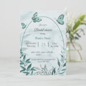 ティール（緑がかった色）ブルー蝶と葉ブライダルシャワーinvi 招待状 (スタンド正面)