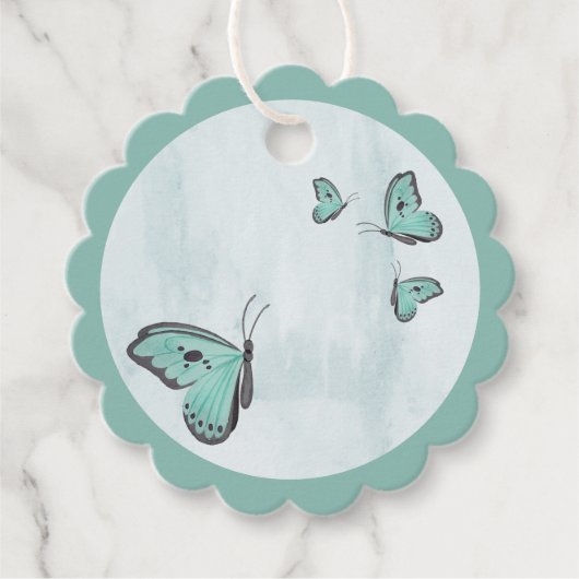 ティール(緑がかった色)ブルー蝶メッセージカード フェイバータグ (正面)
