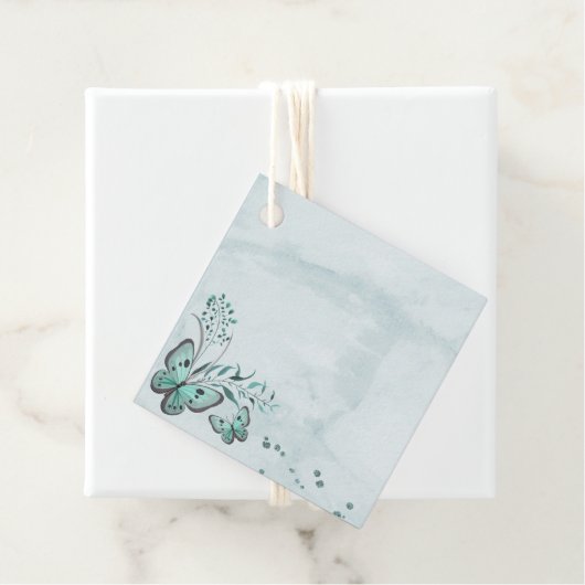 ティール（緑がかった色）ブルー蝶メッセージカード フェイバータグ (インサイチュ)