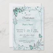 ティール（緑がかった色）ブルー蝶葉フローラブライダルシャワー 招待状 (正面)