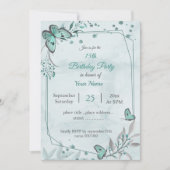 ティール（緑がかった色）ブルー蝶葉フローラ誕生日パーティー 招待状 (正面)