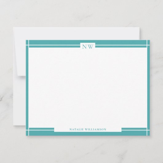 ティール（緑がかった色）ブルー装飾縁どモノグラムノートカード ノートカード (正面)