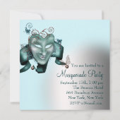 ティール（緑がかった色）ブルー誕生日マスカレードパーティー 招待状 (裏面)