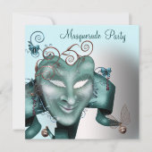 ティール(緑がかった色)ブルー誕生日マスカレードパーティー 招待状 (正面)