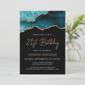 ティール(緑がかった色)ブルー金ゴールドアガテ21歳の誕生日招待状 (スタンド正面)