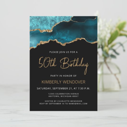 ティール（緑がかった色）ブルー金ゴールドアガテ50番誕生日招待状 (スタンド正面)