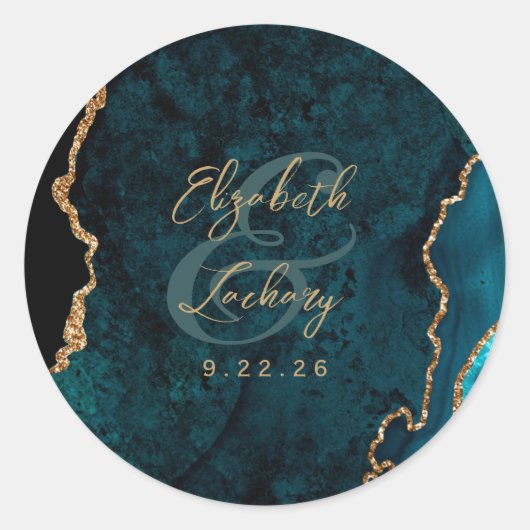 ティール（緑がかった色）ブルー金ゴールドアガートスクリプ結婚ト ラウンドシール (正面)
