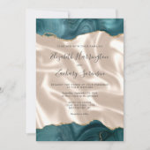 ティール（緑がかった色）ブルー金ゴールドアゲートアイボリーシルク結婚ス 招待状 (正面)