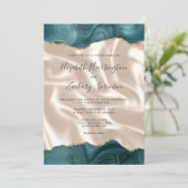 ティール（緑がかった色）ブルー金ゴールドアゲートアイボリーシルク結婚ス 招待状 (スタンド正面)