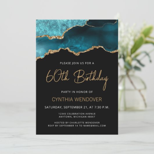 ティール(緑がかった色)ブルー金ゴールドアゲート60th誕生日招待状 (スタンド正面)