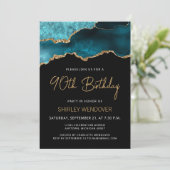 ティール（緑がかった色）ブルー金ゴールドアゲート90th誕生日招待状 (スタンド正面)