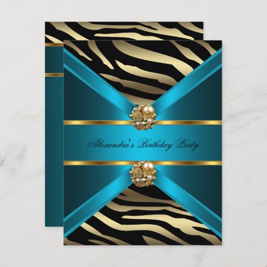 ティール(緑がかった色)ブルー金ゴールドエレガントゼブラブラックバースデーパーティー 招待状 (正面/裏面)