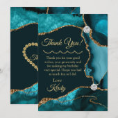 ティール(緑がかった色)ブルー金ゴールドグリッターアゲート誕生日サンキュー サンキューカード (正面/裏面)