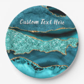ティール(緑がかった色)ブルー金ゴールドグリッターカスタム文字紙プレート ペーパープレート (正面)