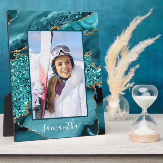 ティール（緑がかった色）ブルー金ゴールドグリッターゲート名エレガント写真 フォトプラーク (側面)