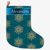 ティール（緑がかった色）ブルー金ゴールドグリッタースノーフレークスクリスマスネーム ラージクリスマスストッキング (正面)