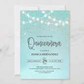 ティール(緑がかった色)ブルー金ゴールドグリッタースパークルズライツキンセニェラ 招待状 (正面)