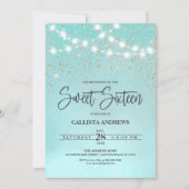 ティール(緑がかった色)ブルー金ゴールドグリッタースパークルズライトスウィート16 招待状 (正面)