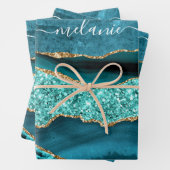ティール(緑がかった色)ブルー金ゴールドグリッターターコイズ名前をカスタムする ラッピングペーパーシート (インサイチュ)