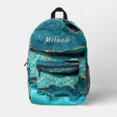 ティール（緑がかった色）ブルー金ゴールドグリッターバックパックと名前をカスタムする プリントバックパック (正面)