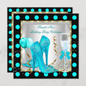 ティール（緑がかった色）ブルー金ゴールドグリッターホワイトスポットバースデーパーティー 招待状 (正面/裏面)