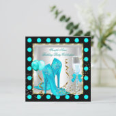 ティール（緑がかった色）ブルー金ゴールドグリッターホワイトスポットバースデーパーティー 招待状 (スタンド正面)