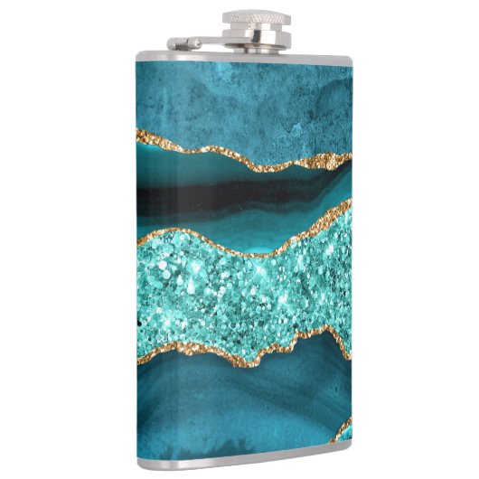 ティール（緑がかった色）ブルー金ゴールドグリッターマーブルアクアターコイズフラスコ フラスク (右)
