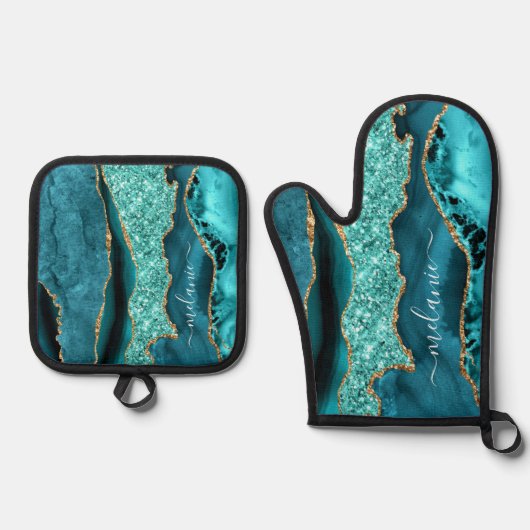 ティール(緑がかった色)ブルー金ゴールドグリッター名前をカスタムするアクアターコイズ 鍋つかみ&鍋敷きセット (正面)
