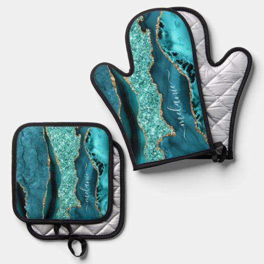 ティール(緑がかった色)ブルー金ゴールドグリッター名前をカスタムするアクアターコイズ 鍋つかみ&鍋敷きセット (正面/裏面)