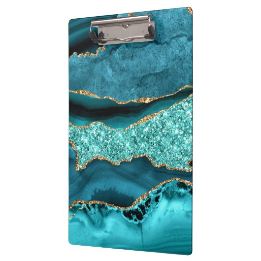 ティール(緑がかった色)ブルー金ゴールドグリッター大理石ターコイズクリップボード クリップボード (左)