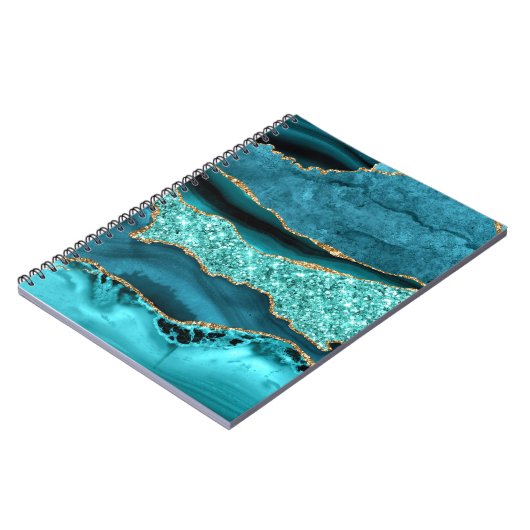 ティール(緑がかった色)ブルー金ゴールドグリッター大理石ターコイズノート ノートブック (左側)