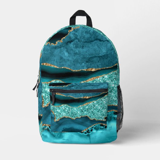ティール(緑がかった色)ブルー金ゴールドグリッター大理石ターコイズバックパック プリントバックパック (正面)