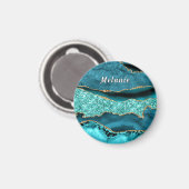 ティール(緑がかった色)ブルー金ゴールドグリッター大理石名前をカスタムする磁石 マグネット (正面/裏面)